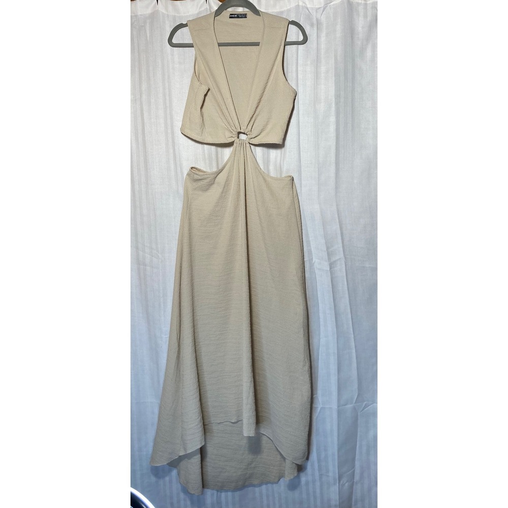 SHEIN Beige Textured O-Ring Cutout High-Low Maxi Dress Size M US 6 Boho Festival